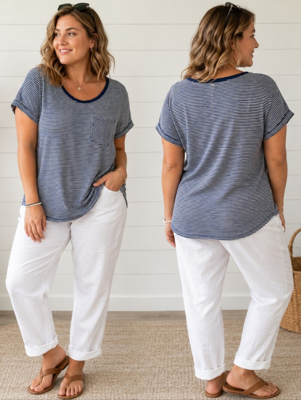 ANA A New Approach XL Navy & White Striped Pocket Tee Normcore Capsule Minimalis